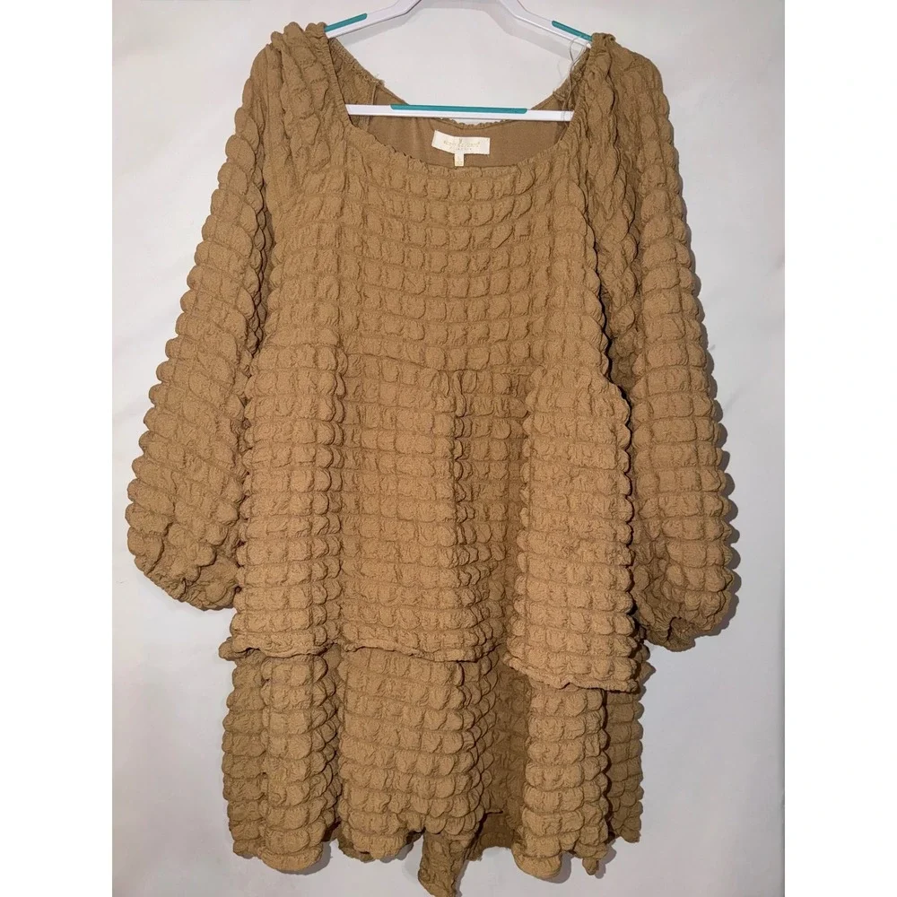 Simply‎ Southern Bubble Knit Tiered Dress Tan Popcorn Texture Long Sleeve Large